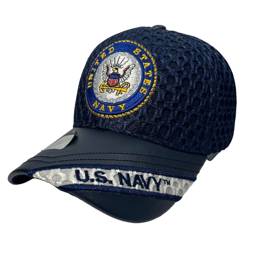 Mesh Navy Leather US Navy‎ Cap w/Embroidered Logo Adjustable Hook Loop Enclosure